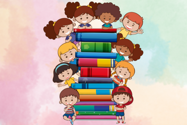 Grafika przedstawia ułożone w stos książki z kolorowymi okładkami. Wokół książek uśmiechnięte dzieci, które oparte są lub łapią za książki.